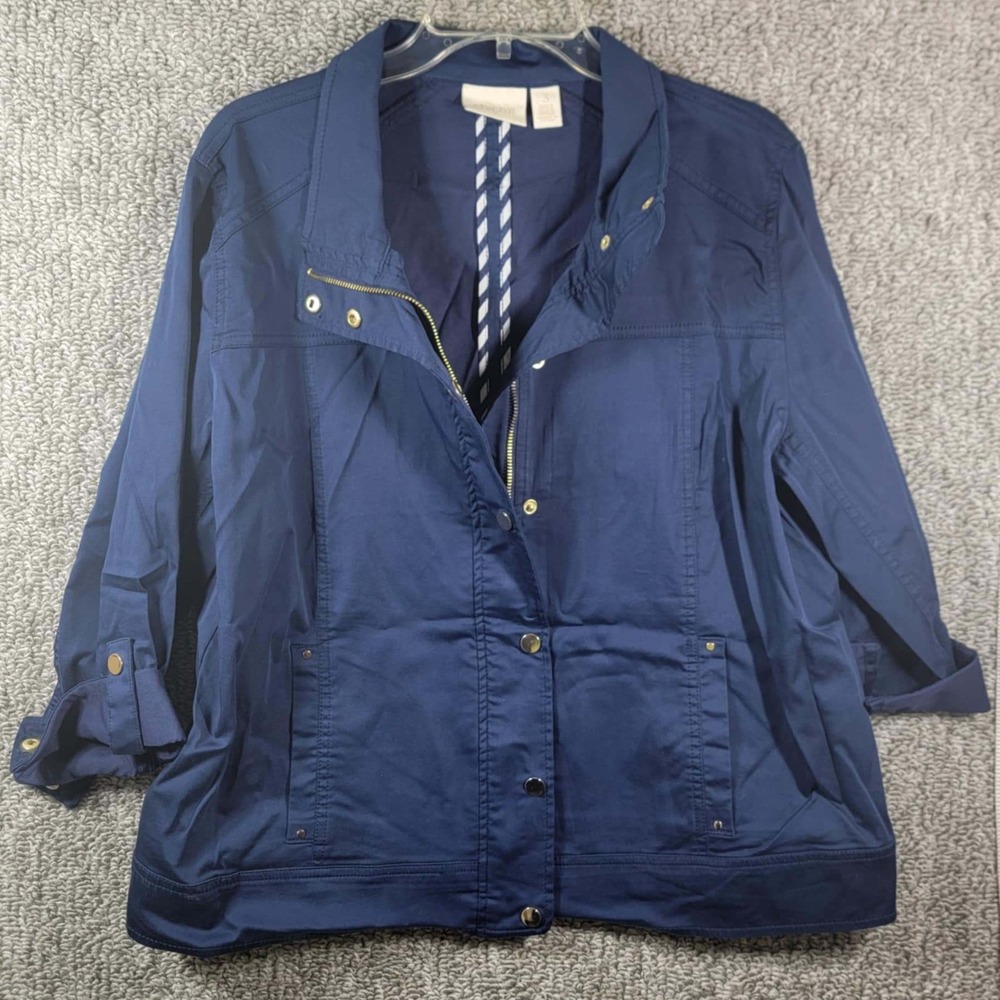Chicos Jacket Navy‎ Blue 3/4 Sleeve Snap Button Coat Cotton - Womens XL/16